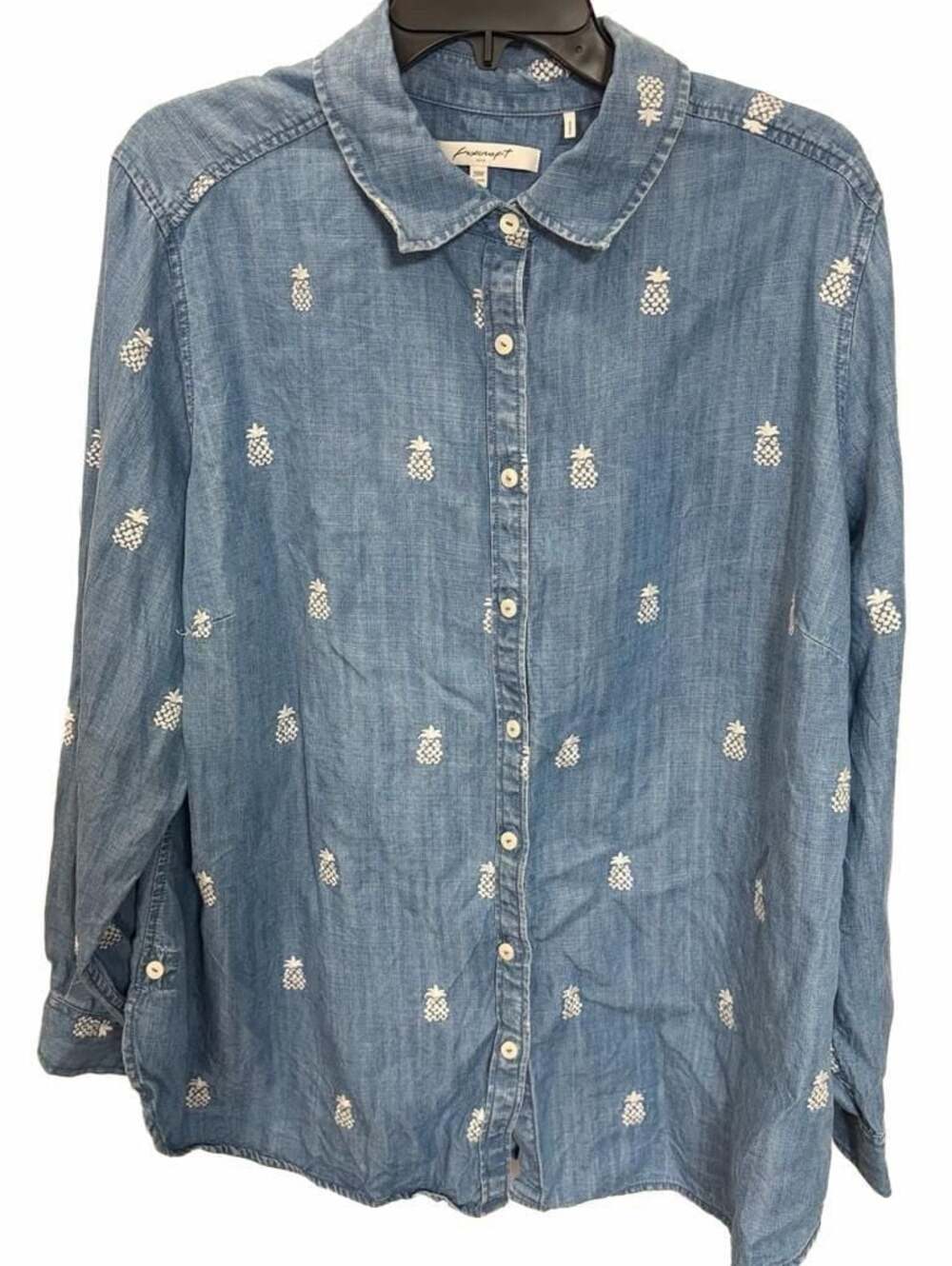 Foxcroft NYC Women's Embroidered Pineapple Long Sleeve Relaxed Denim Shirt, 20W